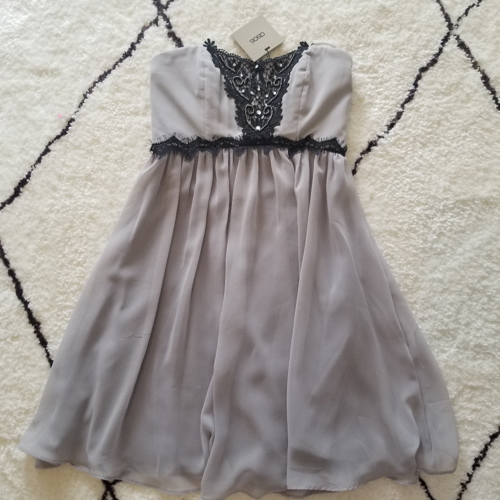 New ASOS Gray Strapless Lace Bead Cocktail Dress 4